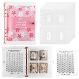 JIANTA 100 Envelope Saving Challenge Planner Binder A5 Budget Planner, 100 Envelopes Saving Challenge, Savings Book for Money Saving with Check List & Pre-Numbered Envelopes - Pink