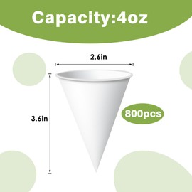 Dualshine 800pcs Snow Cone Cups,4 oz Disposable White Paper Cone Cups,Eco-Friendly Shaved Ice Cups for Shaved Ice,Wax Coated Leakproof Water Cups for Water Cooler Dispenser