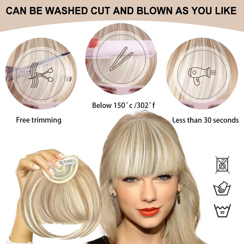 Blonde Bangs Clip in Bangs,Full Front Neat Bangs Straight Fringe