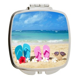Island Gifting - 4 Inch Ceramic Tile Art - His and Hers Flip-Flops in Sand Pink & Blue - Square Compact Mirror - Travel Mirror