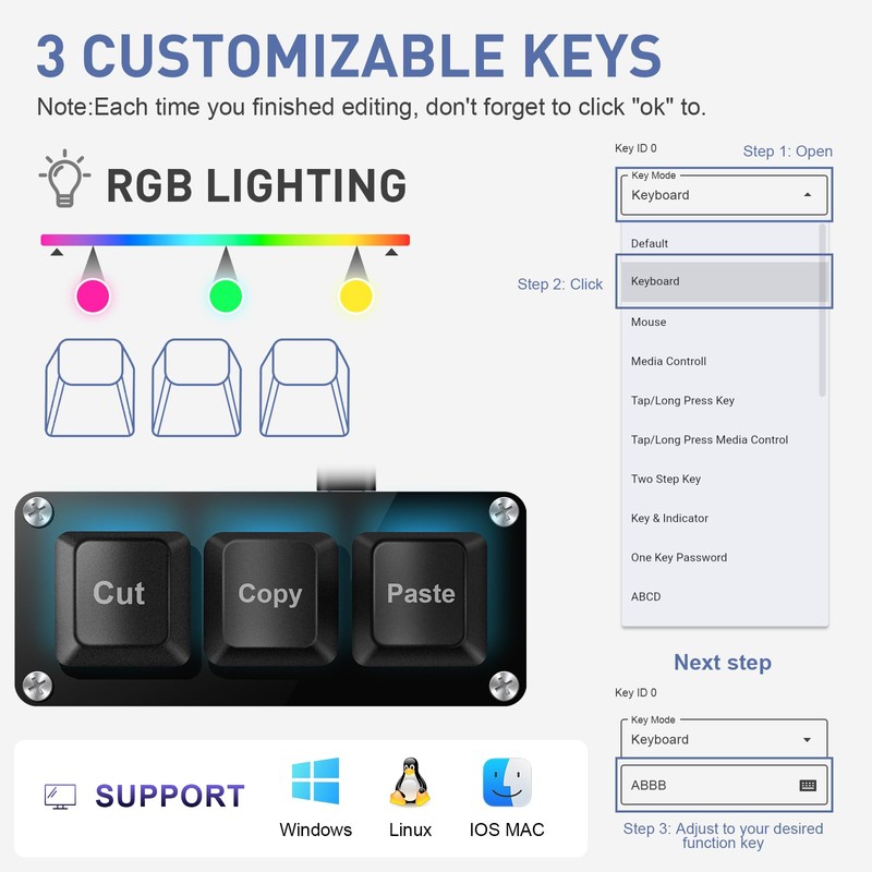 Mini 3-Key Copy Paste Programmable Keyboard Hotswappable Mechanical Switch