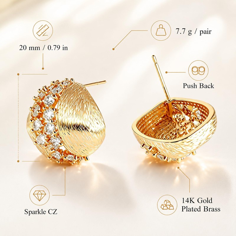 14K Gold Plated Hypoallergenic Stud Earrings for Women, Sparkle Cubic