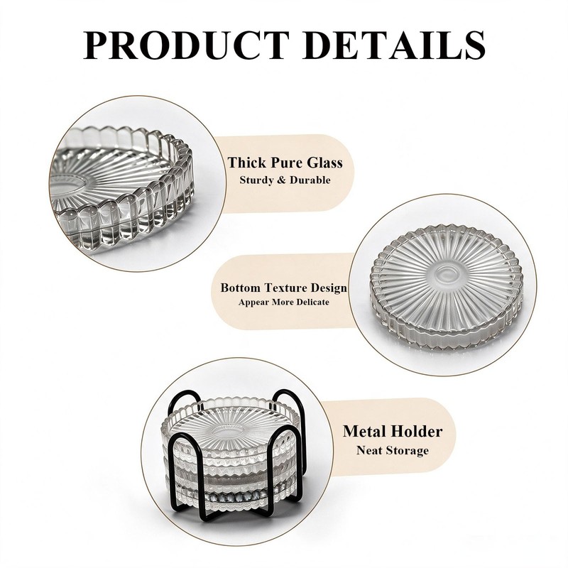 6PCS Modern Clear Coasters Glass Coasters for Drinks with Holder