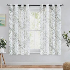 FMFUNCTEX Linen Semi Sheer Curtains for Bedroom, Sage Green White Curtains 54 Inches Long for Living Room, Grey Tree Branch Print Curtain Light Filtering Kitchen Window Drapes, Grommet Top 2 Panels