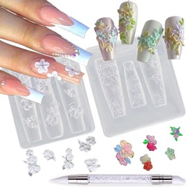MOLILON 2Pcs Silicone Nail Art Molds with White Press Pen, 3D Flowers Nails Molds - Petal, Floral Design for Resin/Gel Nail Art, Transparent Reusable Mold for Women DIY Manicure Salon & Home Use