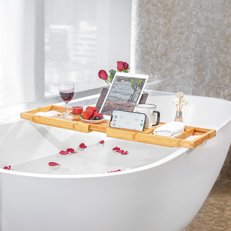 VaeFae Bamboo Bathtub Caddy Tray, Expandable Bath Tray for Tub