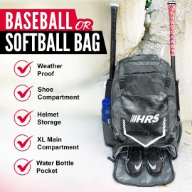 HRS Baseball Or softball Gray Camo Bat Bag Backpack - Hold Up To 4 Bats