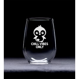 C M - Chill Vibes Only Penguin Design Stemless Wine Glass - Penguin Themed Gift for Women and Men - 17 oz.