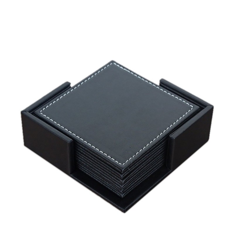 CARLWAY Black Square Leather Coasters Set with Holder for Cup