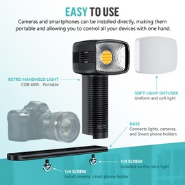 LENSGO 40SHC Retro Video Light with Phone/Camera Stand, Rechargeable 40W Bi-Color, Dimmable 0-100%, 8 Lighting Effects & Softbox, for Canon Nikon for Sony Fuji Panasonic Cameras & Smartphones