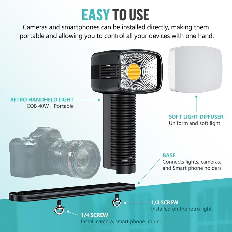LENSGO 40SHC Retro Video Light with Phone/Camera Stand, Rechargeable 40W