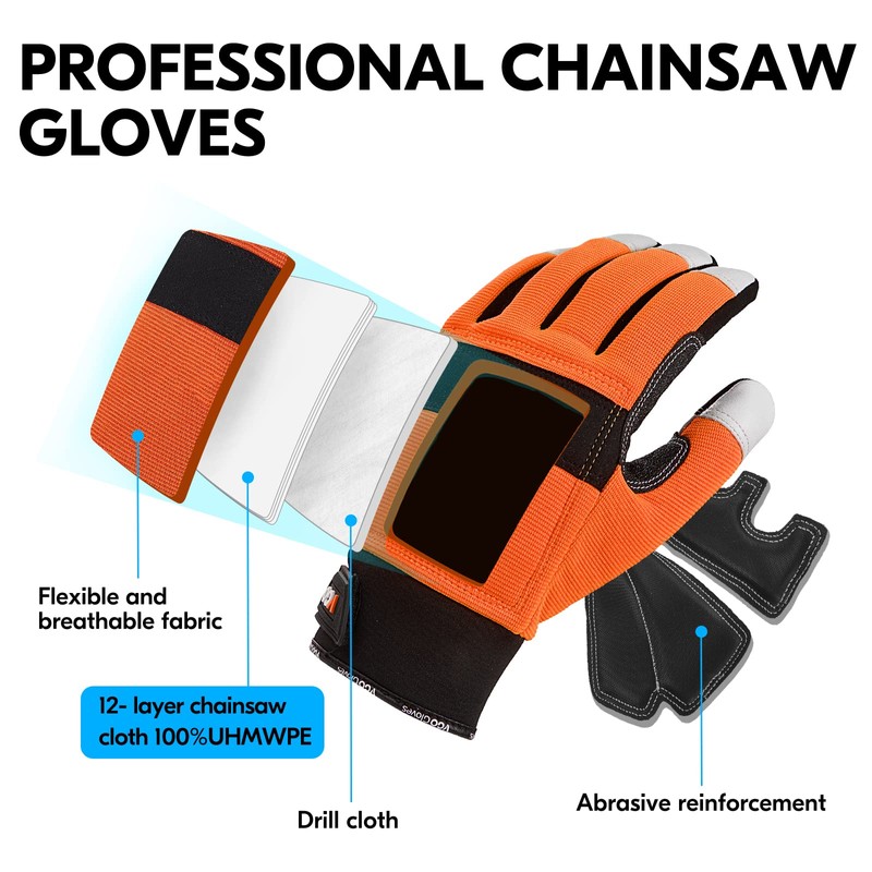 Vgo... 1 Pair Chainsaw Gloves, 12-Layer Chainsaw Protection, Safety Leather