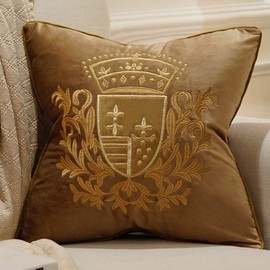 Avigers 20 x 20 Inch Embroidery Velvet Cushion Cover Shield Luxury European Pillow Case Pillowcase Home Decorative for Sofa Chair Bedroom Throw Pillow, Brown