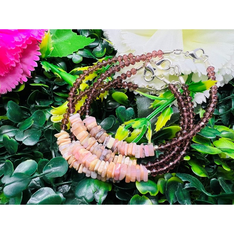 LKBEADS Unisex Pink Garnet Quartz & Peach Moonstone Rondelle &