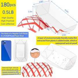 MotBach 180 Pack 1/2Lb Colored Paper Food Boat Trays Disposable Paper Boats, Checkered Paper Food Trays Kraft Paper Food Serving Boat Tray Basket for Snacks Popcorn Dessert Sauce Taco Fries Nacho