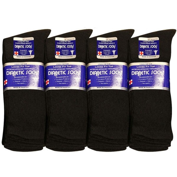 Falari Diabetic and Circulatory Non Binding Physicians Approved Socks Crew (12 Pairs) 9-11 Black