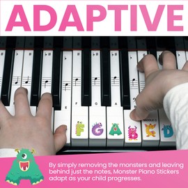 Crosby Monster Piano Stickers for Learning Piano or Keyboard - Transparent 88, 76, 61 & 49 Removable Key Set for Kids & Beginners