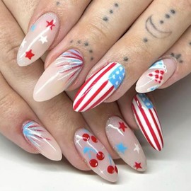 Independence Day Press on Nails Medium Almond Fake Nails with Stars Designs Red Blue American Flag False Nails Cherry Glue on Nails Full Cover 4th of July Acrylic Nails for Women Girls Manicure 24Pcs