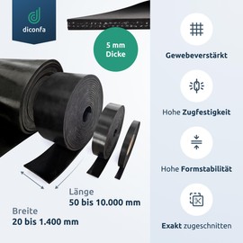 diconfa Rubber Mat Rubber Strips with Fabric Insert 5 mm Thick - 20 to 1400 mm Wide - 0.05 to 10 m Long - Selection 40 x 300 mm x 5 mm - Two Inserts - Fabric Reinforced Rubber Plate SBR Solid Rubber
