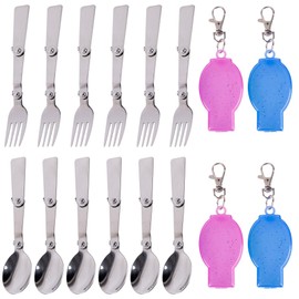 AUEAR, 12 Pack Foldable Forks and Spoons Set with Organizer Case Portable Folding Tableware for Travel Camping Outdoor Activities