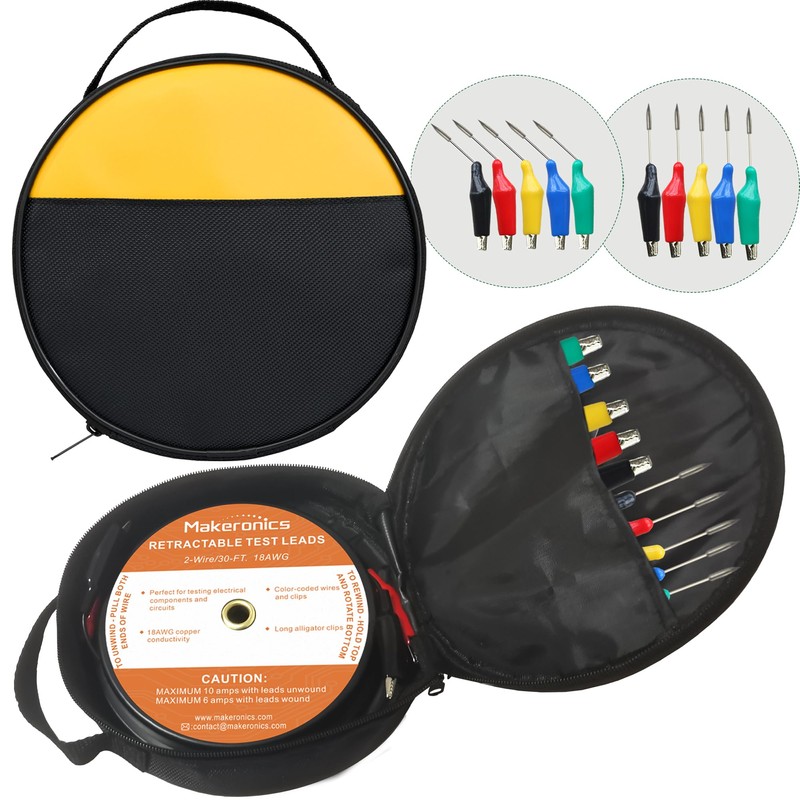 Makeronics 2 Wires 30FT 18AWG Retractable Test Leads with Cable