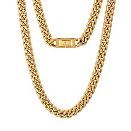 KRKC&CO Men's Kihei Necklace, Miami Cuban Chain Necklace, 0.3-inch (8 mm) Wide, Stainless Steel, 18k Plated, 4-Sided Cut, Hip Hop, Rapper, Street Fashion Accessories, Metal Allergy Friendly, Stainless