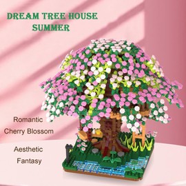 Famiredo Cherry Blossom Tree House for Adults, Artificial Flowers, Mini Block Set, Spring/Summer/Autumn/Winter, Beauty Plants Series, Bouquet, Tree House Block Set (Summer)