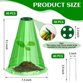 Garden Cloches for Plants, 40 Pack Garden Cloche with Rotary Vent, Reusable Bell Plant Covers with 40Pcs Ground Stakes, Plant Cloche Protectors from Animals Snails Birds Chickens, 7.9" H X 6.7" D