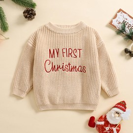 MAYUMMPY Newborn Baby Boy Girl Christmas Sweater Long Sleeve Pullover Warm Knitted Sweatshirt Fall Winter Clothes (My First Christmas Khaki, 6-9 Months)