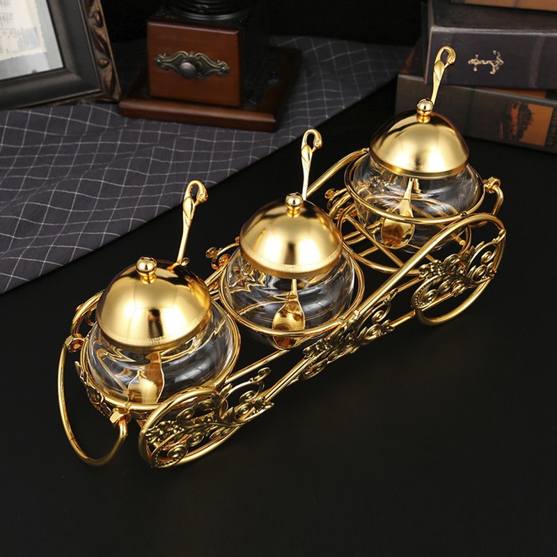 3 Piece Set European Style Gold Sugar Jar with Lid