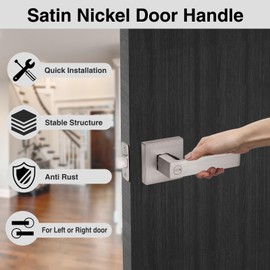 AIKKIL Interior Door Handle Satin Nickel Door Knob Keyless Levers Set (6 Pack), Heavy Duty Privacy Door Handle Lock for Bedroom or Bathroom, Square Door Lock for Left Right Handle Doors