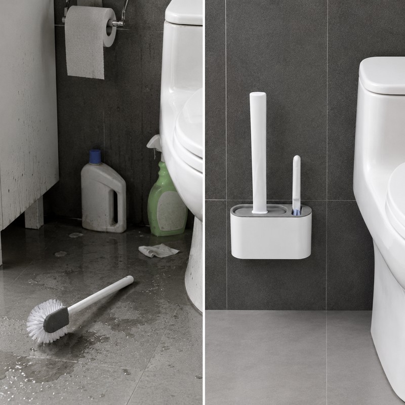 Wall-Mounted Silicone Toilet Brush Set with Holder & Detail Brush,