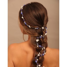 Teyglen Women Bride Wedding Flower Pearl Crystal Headband Hair Vine Handmade Pearl Bridal Navy Blue Beads Headband Wedding Hair Accessories for Brides Floral Hair Pieces Headpieces for Women Girl (Blue)