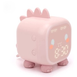 Kids Alarm Clock,Cute Dinosaur Alarm Clock Children's Sleep Trainier,with Night Light,time Voice Broadcast,Snooze Mode,Temperature,Countdown,Dual Alarm Clock,for Boys Girls Best Birthday Gifts (Pink)