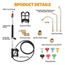 Dollate Telescoping Pressure Washer Wand, 24FT Power Washer Extension Wand with 7 Spray Nozzles Tips, 2 3/8" Hose Inlet Adapters, Support Harness, 4000 PSI Gutter Cleaner for Roof Wall Clean