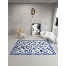 Oriental Accent Vintage Blue Porcelain 5x7 Area Rug - Faux Wool Floral Print Rug, Retro Accent Washable Low Pile Rug, Foldable Non-Slip Non-Shedding Carpet, Decor Gift