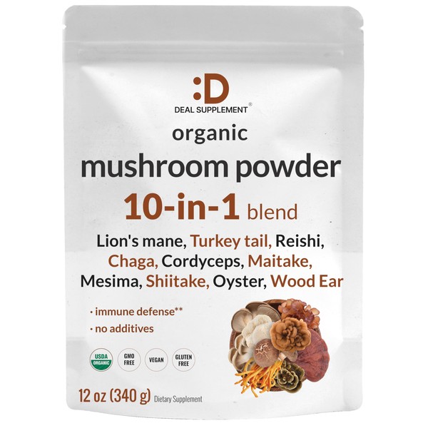 Organic Mushroom Powder Supplement, 12oz – 10 in 1 Active Blend – Turkey Tail, Lions Mane, Cordyceps, Chaga, with More – Supports Immune, Energy, & Brain Health – Non-GMO, Vegan