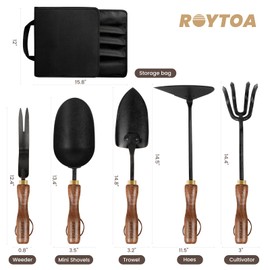 ROYTOA Garden Tool Set, 5PCS Gardening Tools, Stainless Steel Heavy Duty Hand Cultivator, Hoes, Shovel, Trowel and Weeder with Ergonomic Walnut Handle, Gardening Gifts for Women