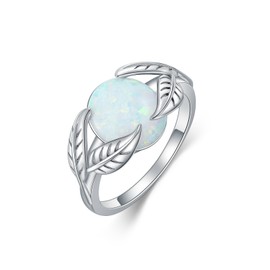 IJKL Opal Rings for Women 925 Sterling Silver October Birthstone Rings Engagement Anniversary Birthday Valentines Day Gifts White Opal Leaf Rings for Wife Girlfriend Her Size 8