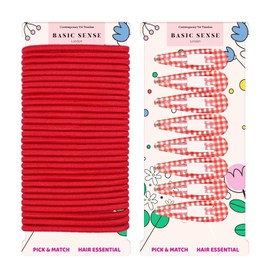 Basic Sense 38pcs Gingham Check Hair Accessories Set – Keep Her School Look Neat & Stylish (Snap Clips & Elastics), Red