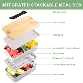 Ksvaye Bento Lunch Box Adult 1200 ml Bento Box Japanese 2-Tier Bamboo Lid Bento Box Bundle Lunch Boxes with Cutlery and Lunch Bag Stackable Lunch Box for Children Office Work School (White)