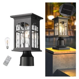 Starcurin Solar Lamp Post Lights Outdoor Waterproof, Dusk to Dawn Outside Pole Light Fixture with Remote, Exterior Pillar Lantern with Water Ripple Glass and LED Bulb for Pathway Garden Patio Gargae