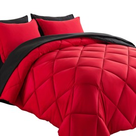 Cosybay Bed in a Bag Full Reversible Comforter Sets 7pcs All Season Down Alternative Bedding Sets Red and Black with Comforter, Pillow Shams, Flat Sheet, Fitted Sheet and Pillowcase