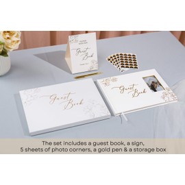 Modern Album Designs Guestbook Bundle Set (Guestbook, Sign, Photo Corners, Box & Pen Included) - Wedding Birthday Event Guestbook with Photo Insert Slot, Reception Welcome Table Decor