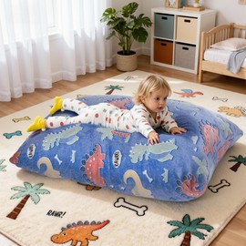 BRINJOY Kids Bean Bag Chair Bed, 3 in 1 Memory Foam Filled Bean Bag Sofa with Removable Cover for Playroom Daycare Bedroom, Toddlers Lazy Floor Mattress Lounger for Boys Girls, Glowing Dinosaur