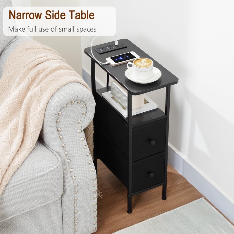 LOAKEKEL Narrow End Table Living Room with Charging Station, Skinny
