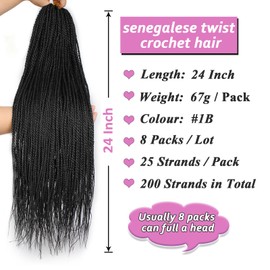 Samtress Mini Senegalese Twist Crochet Hair 24 Inch 8 Packs Small Twist Crochet Braids Hair Synthetic Hot Water Setting 25 Strands/Pack Black Crochet Hair For Women (#Black)