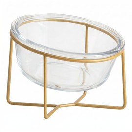 Cuenco pequeño de cristal inclinado elevado para gatos y perros con soporte de hierro dorado