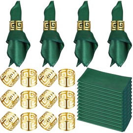 Nitial 24 Piezas Juego de Servilletas y Anillos 12 Anillos Dorados 12 Servilletas de Tela Lavables para Decoración de Mesas en Bodas Cumpleaños y Eventos(Hueco,Verde)