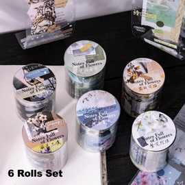 AuriicLeaf Flower Words PET Tape Set, 6 Rolls of Nature Ephemera for Junk Journaling, Scrapbooking, Crafting, DIY Projects, Diaries, and Art Supplies